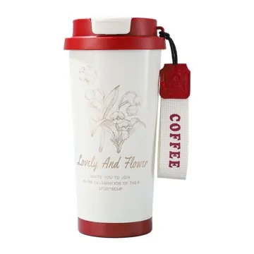 Kubek termiczny „Lily And Flower” 500 ml – kremowy z czerwoną pokrywką